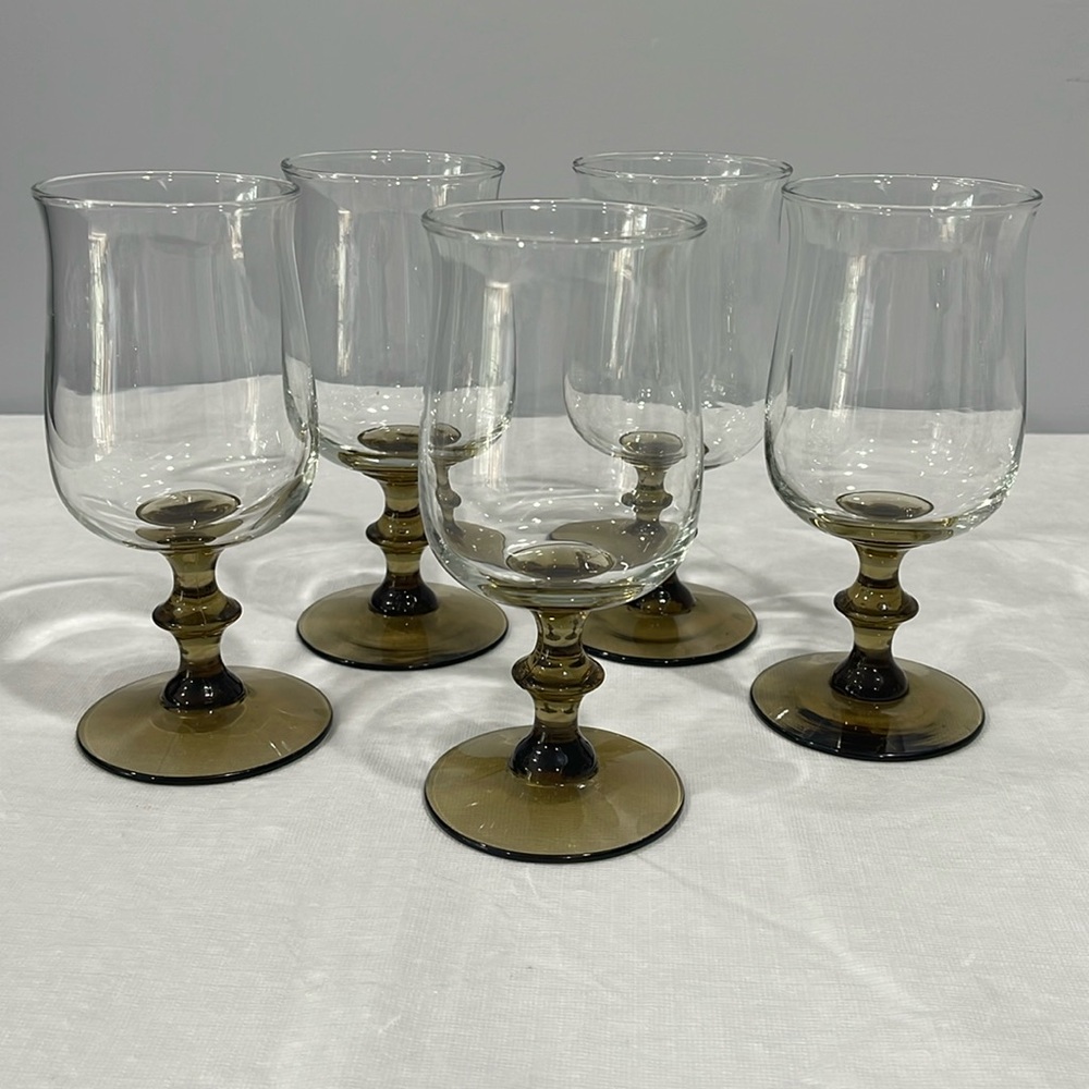 Vintage Libbey Brown Tulip Stem Wine Glass mid-century modern 6.5” tall set of 5